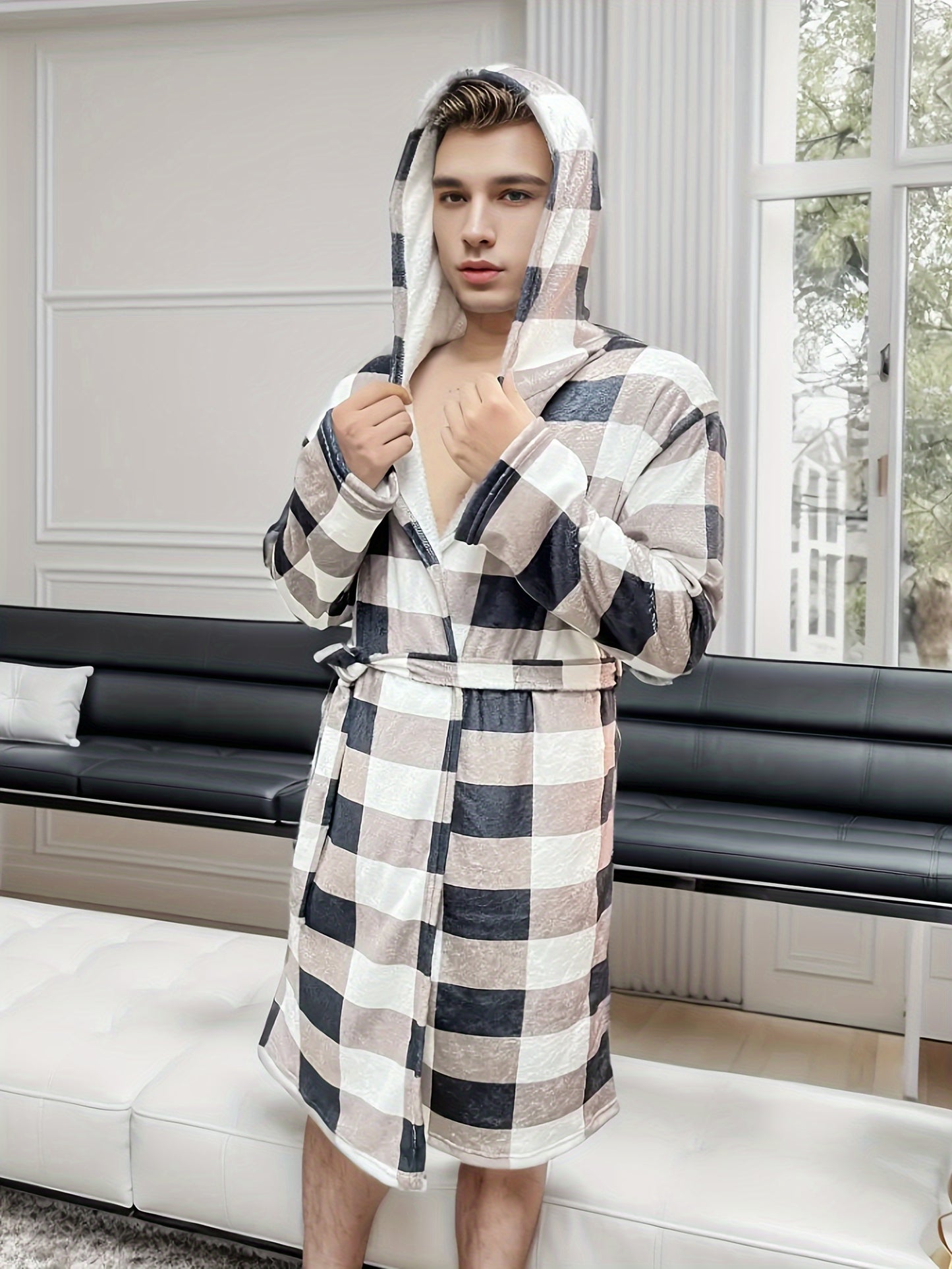 Men's Comfy Plaid Prints Fleece Warm Robe For Home Pajamas Wear One-piece Lace Up Kimono Night-robe Sets After Bath