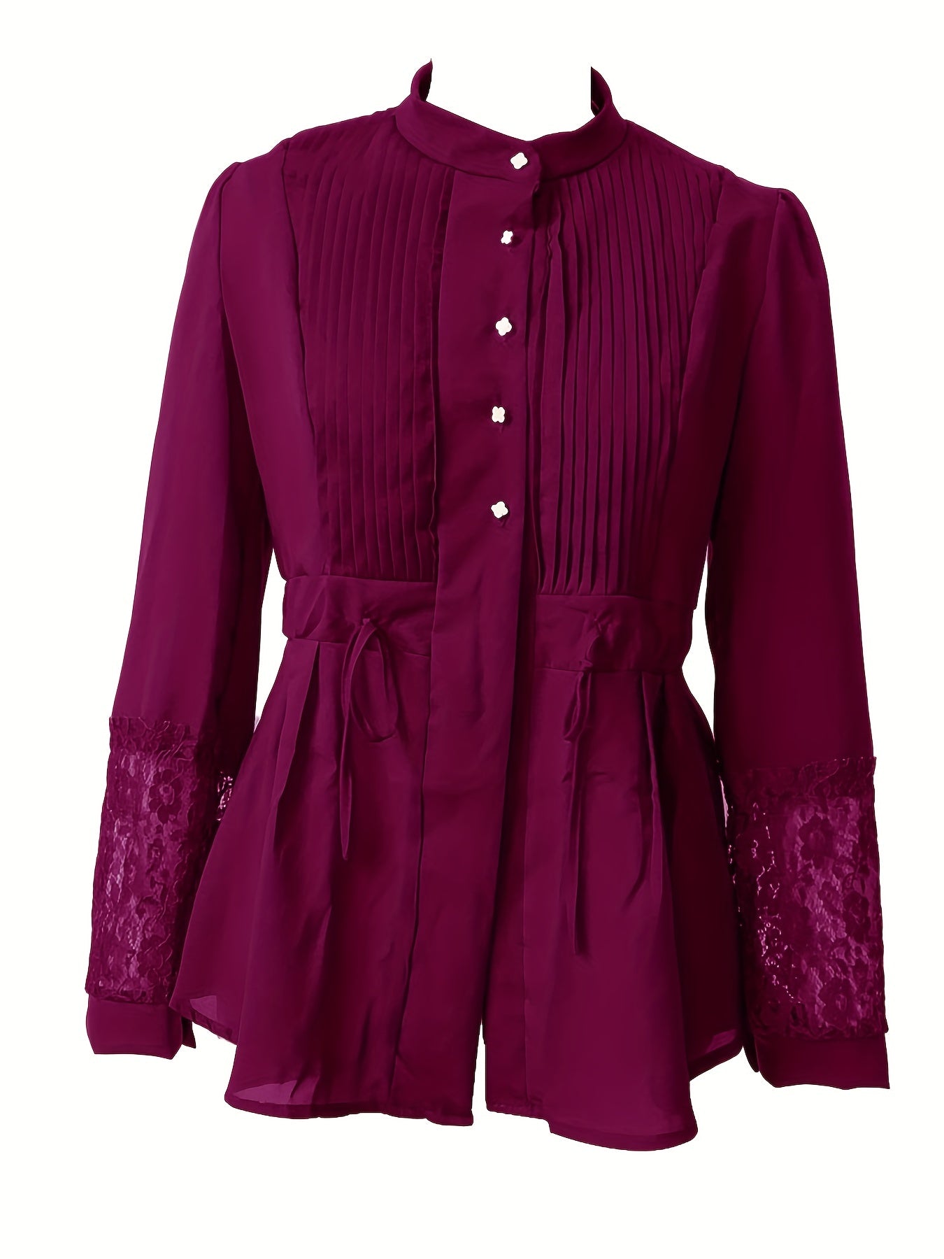 Elegant Lace Blouse - Long Sleeve, Mock Neck, Pleated Contrast Design, Women's Clothing for Chic Style