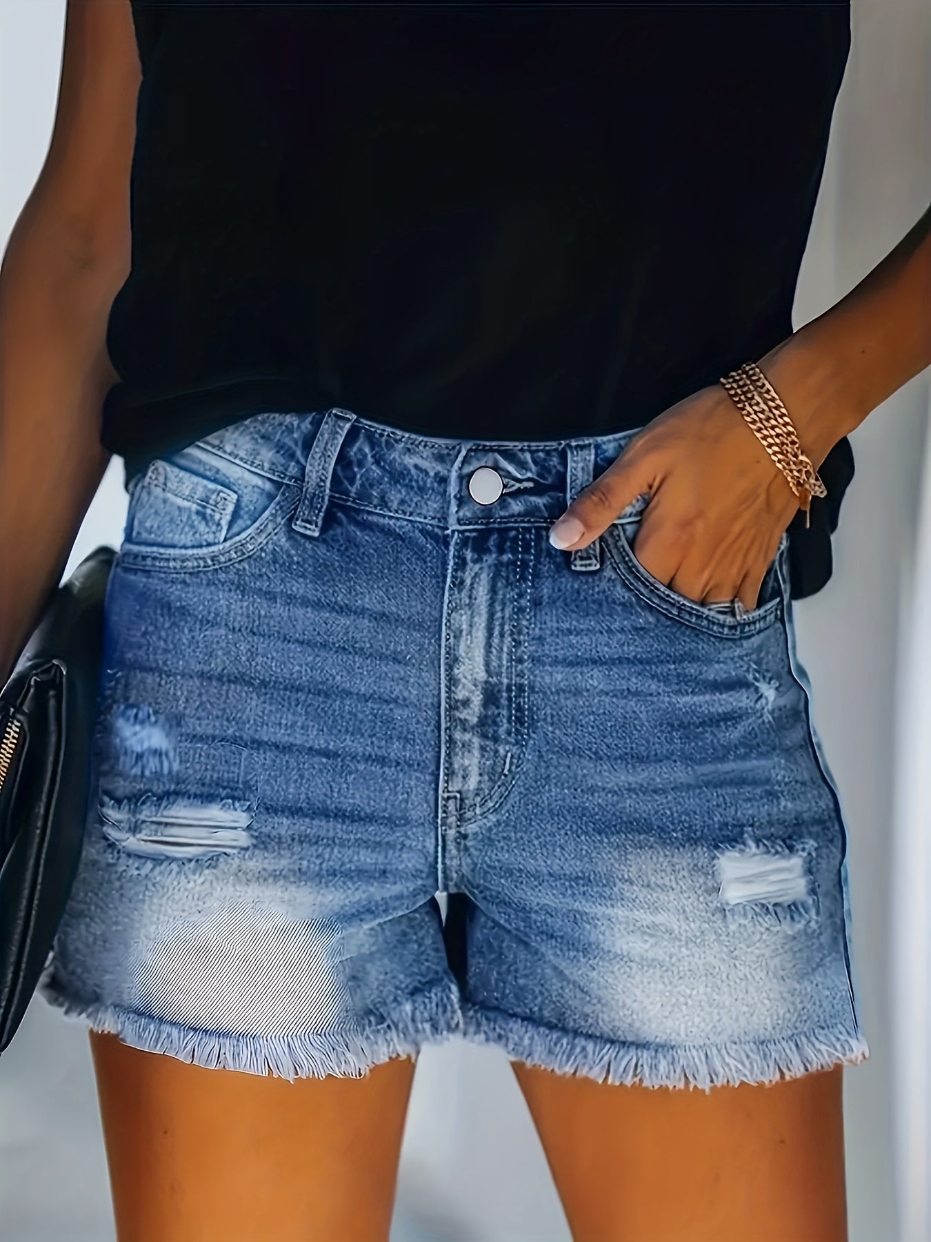 ZllKl Raw Hem Washed Denim Shorts, Ripped Holes Slash Pockets Short Denim Pants, Women's Denim Jeans & Clothing