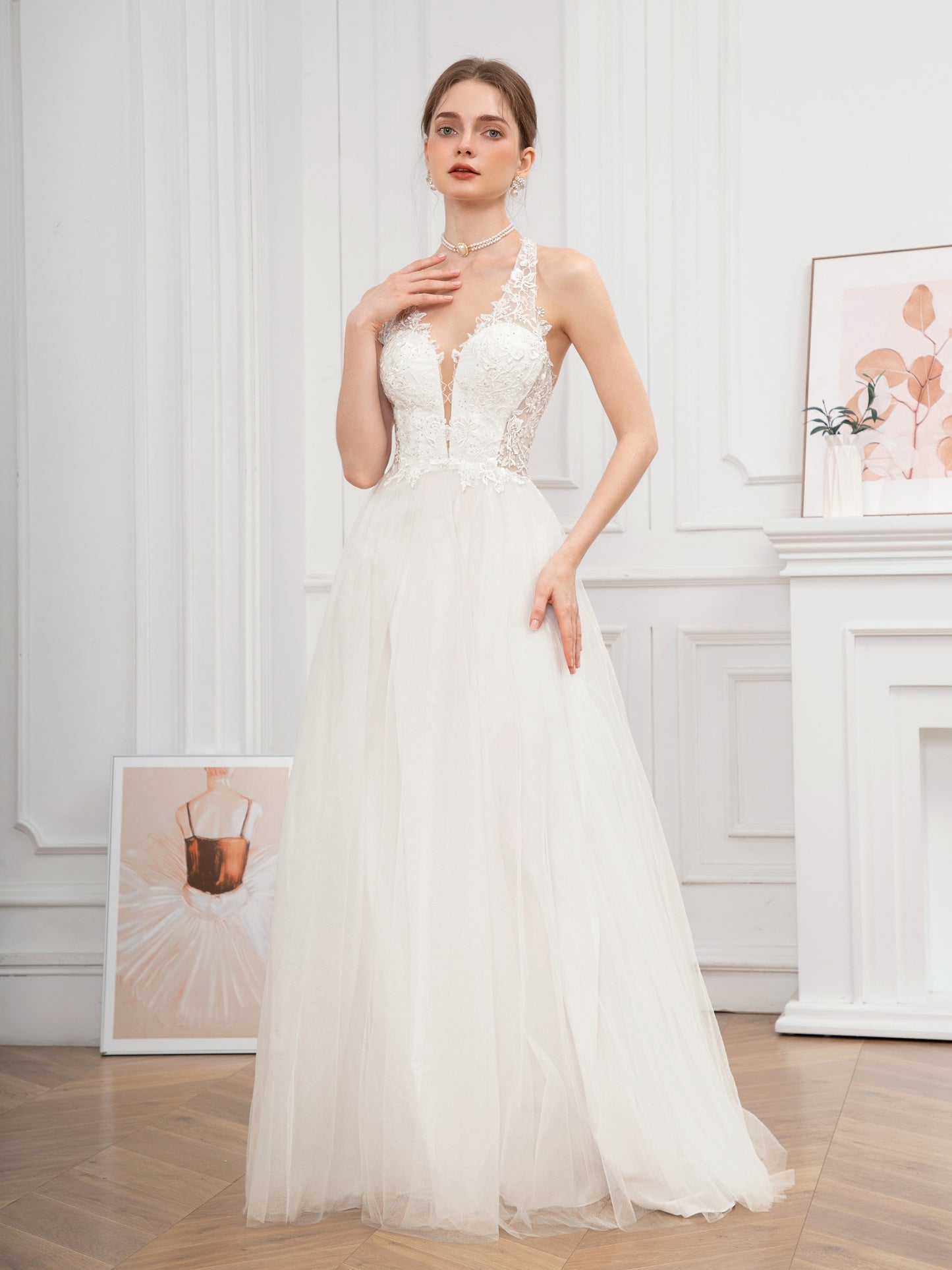 Long Embroidered Guipure Lace Halter Neck Formal Dress - Elegant Backless Ball Gown with Cross Strape Detail, Semi-Sheer Mesh Fabric, Flared Hem, and Chest Pad - Perfect for Wedding Party, Hand Wash Only