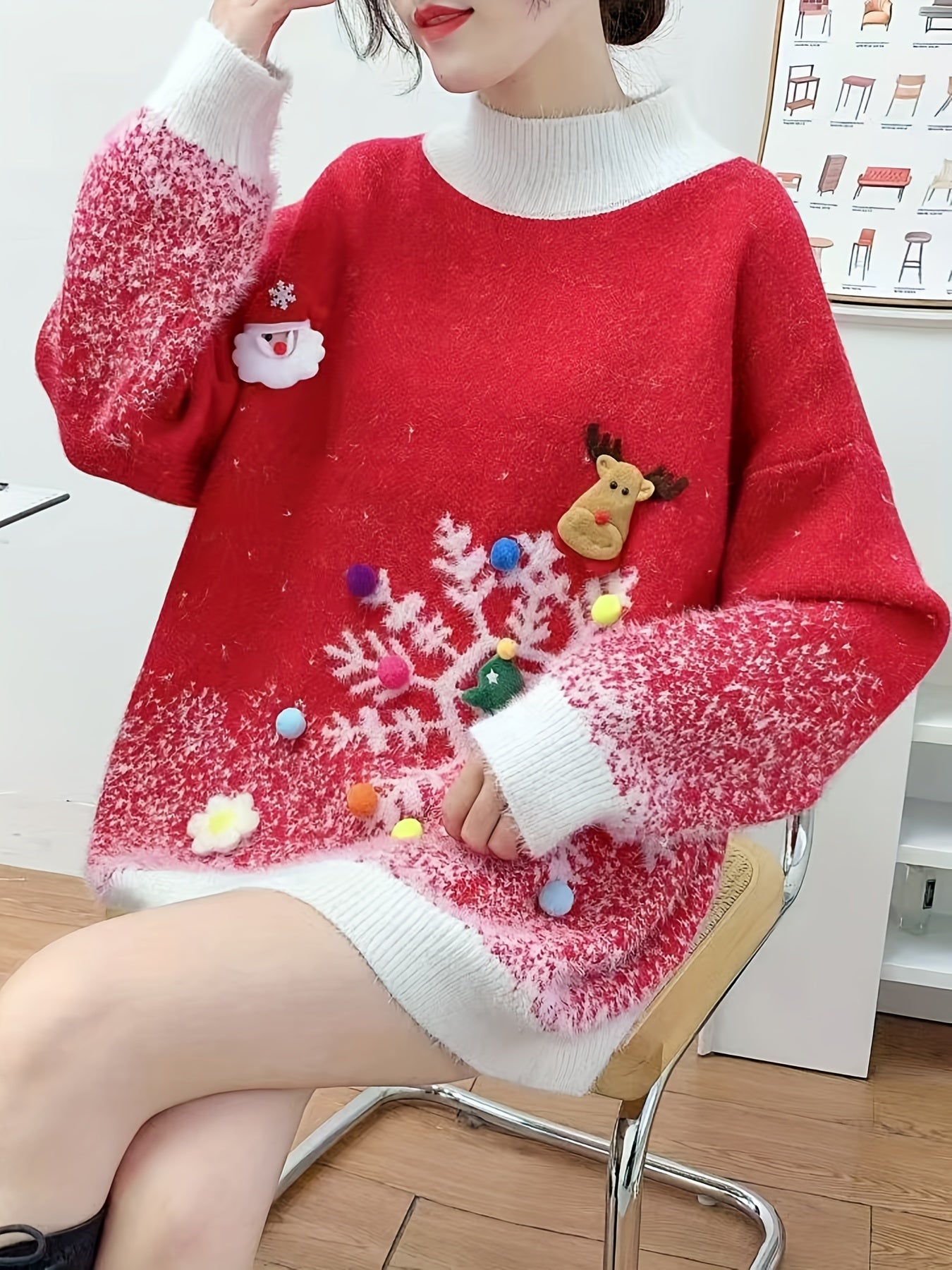 Women'S Festive Christmas Sweater, Long Sleeve, Elegant Style, Polyester, Round Neck, No Belt, Loose Fit, Pullover, Christmas Pattern, Floral Print, Mid-Stretch Fabric, Knee-Length, Leg of Mutton Sleeves, Embellished with Christmas Decor