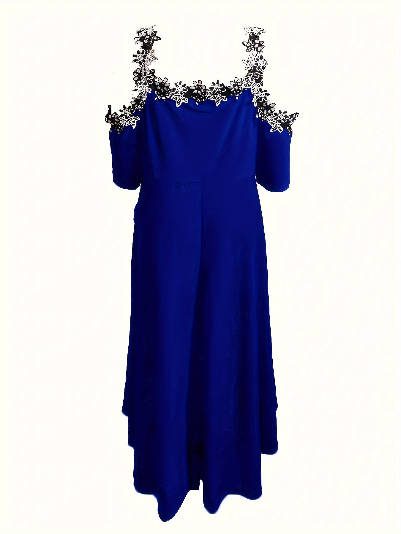 Plus Size Floral Chic V Neck Cold Shoulder Lace Stitching Dress - Elegant Short Sleeve Women's Clothing for Special Occasions - Perfect for Summer, Party, Wedding, and Date Night