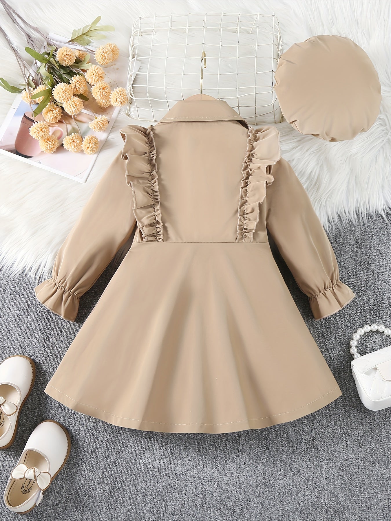 Elegant Flutter Trim Long Sleeve Windbreaker Dress With Beret For Toddler Girls Spring Fall Christmas Gift