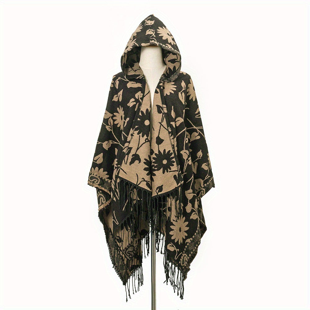 Cozy Oversized Hoodie Scarf Blanket - Stylish Boho Geometric Print with Tassels - Ultra-Soft Warm Cape for Outdoor Adventures, Windproof & Thick Cardigan Shawl