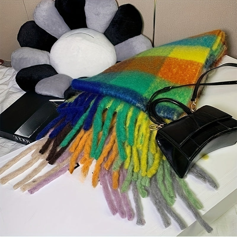 Autumn Winter Rainbow Color Boho Plaid Tassel Chunky Scarf - Soft Imitation Mohair, Eye-Catching Tassel Details, Thick and Plush Design, Long Stylish Neckerchief - Vibrant Shawl for Cold Weather