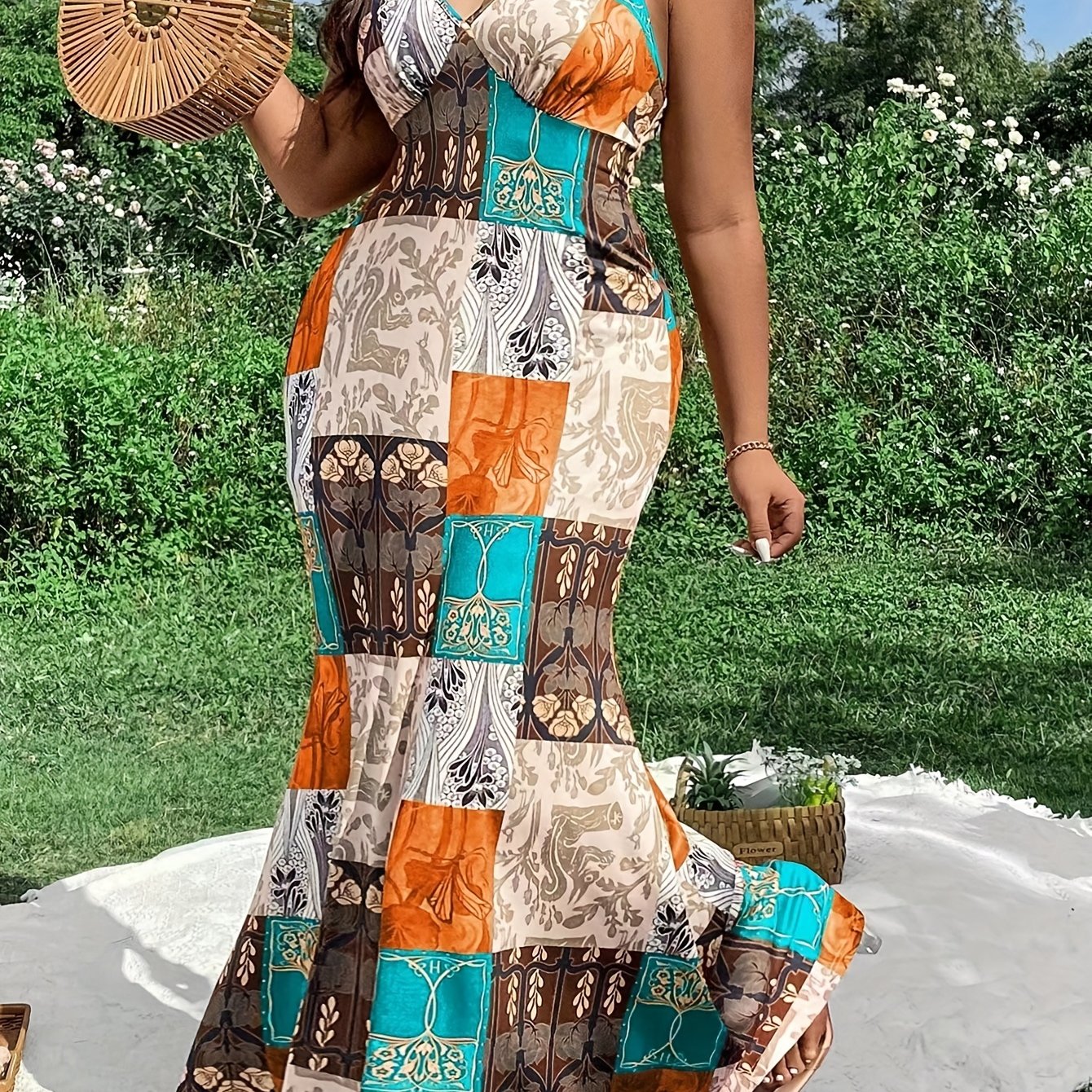 Plus Size Midi Length V Neck Spaghetti Strap Patterned Cami Dress - Elegant Vacation Style Backless Criss Cross Mermaid Hem Design, Non-Stretch Polyester Fabric, Perfect for Weekend Casual Spring and Summer Occasions