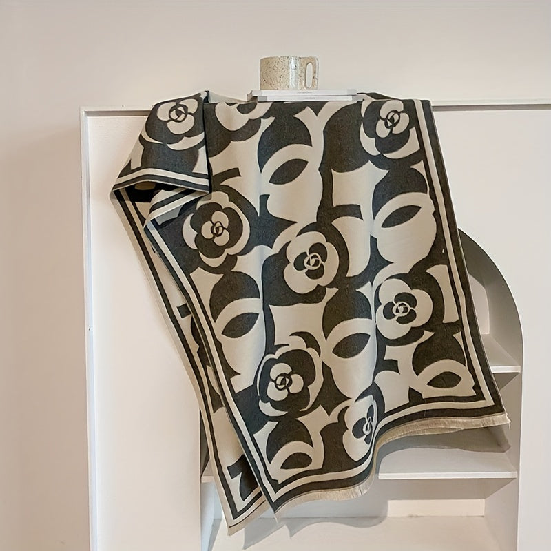 Winter Soft Warm Versatile Fringe Shawl Blanket Scarf - Fashion Scarves with Black and White Camellia Jacquard Pattern, Super Cozy, Lightweight, and Chic - Perfect for Cold Weather, Outdoor Activities, and Daily Wear