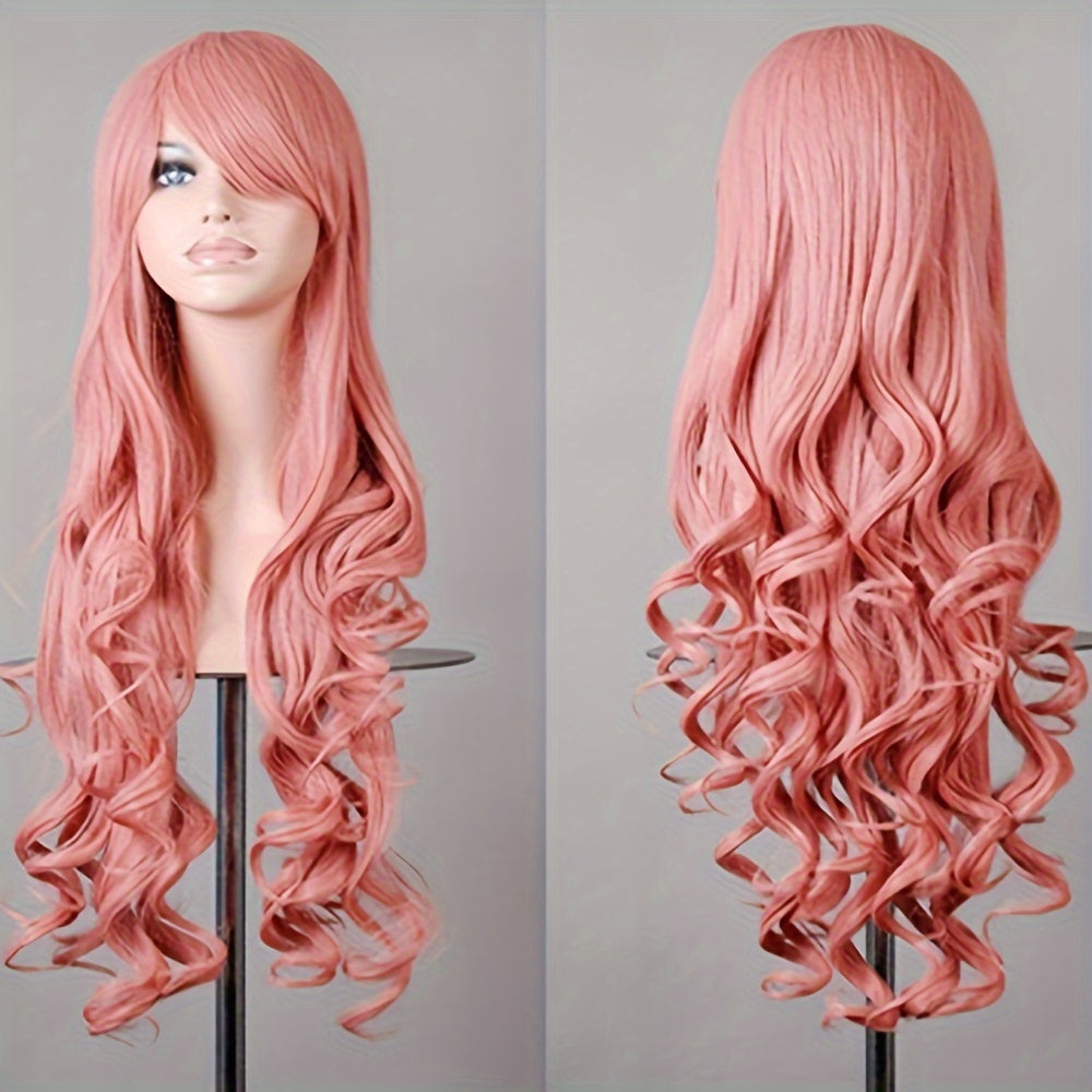 Vibrant Curly Wave Wig with Bangs - Synthetic Hair, Buckle Net Cap, Elegant Style for Women - Perfect for Halloween Party, Music Festival, and Costume Occasions