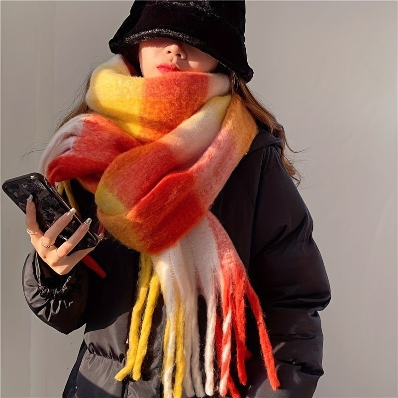Autumn Winter Rainbow Color Boho Plaid Tassel Chunky Scarf - Soft Imitation Mohair, Eye-Catching Tassel Details, Thick and Plush Design, Long Stylish Neckerchief - Vibrant Shawl for Cold Weather