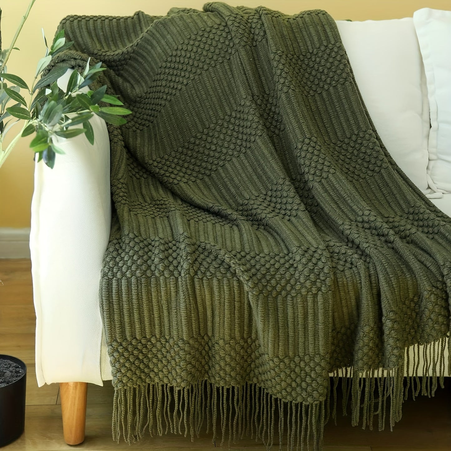 1pc Soft & Cozy Textured Knitted Throw Blanket - Perfect for Sofa and Couch Decor - Green and Tan Color Combination - Decorative Accent for Living Room - Soft Brushed Fabric - Easy Care