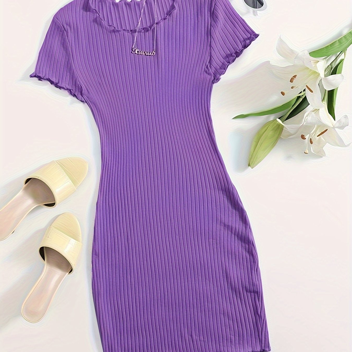 Chic Solid Color Lettuce Hem Dress - Flattering Slim Fit, Versatile Crew Neck, Short Sleeve for Spring & Summer - Womens Casual Fashion