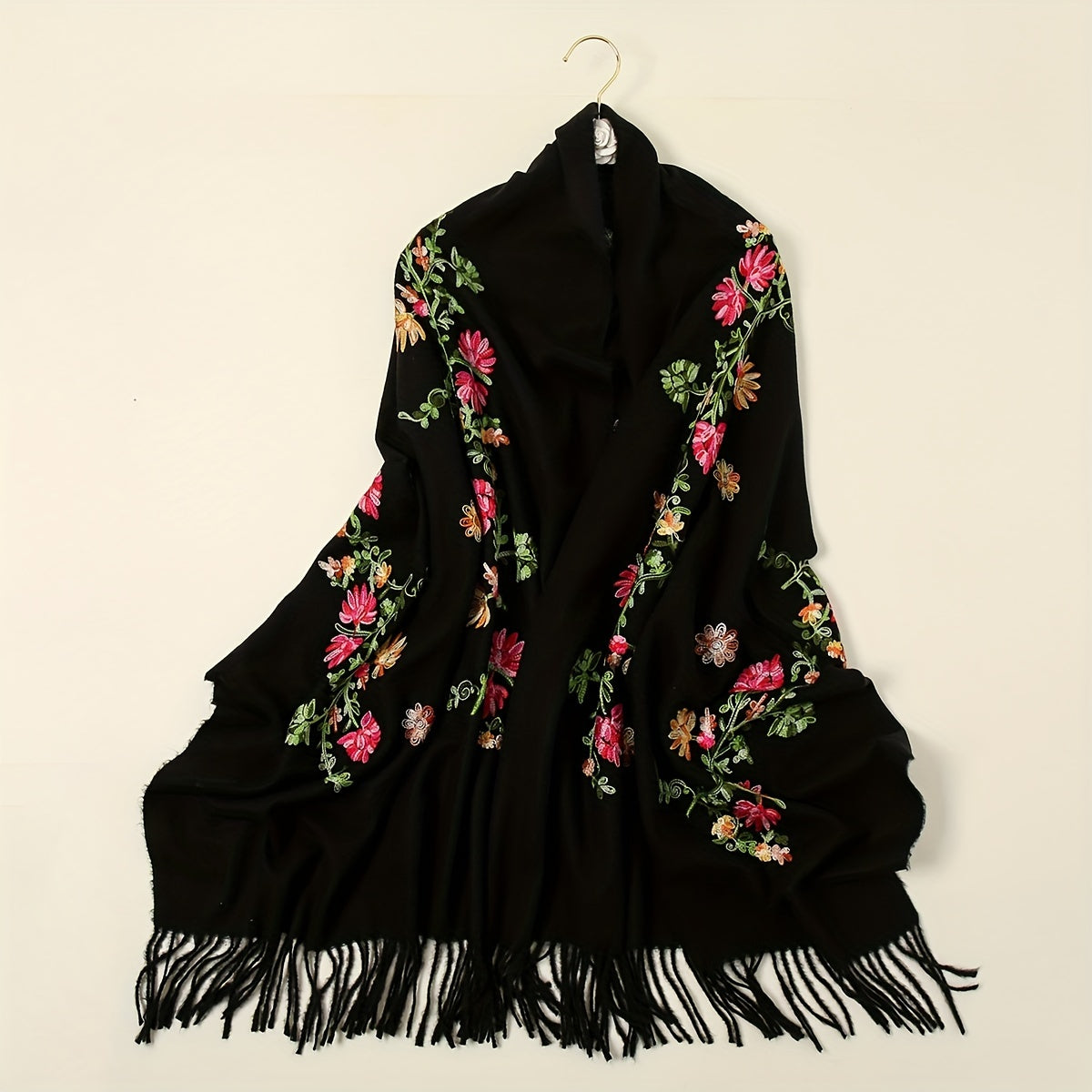 Embroidered National Style Scarf - Soft, Warm, Windproof, and Elegant Wrap for Going Out - Polyester Imitation Cashmere with Tassel and Flower Pattern