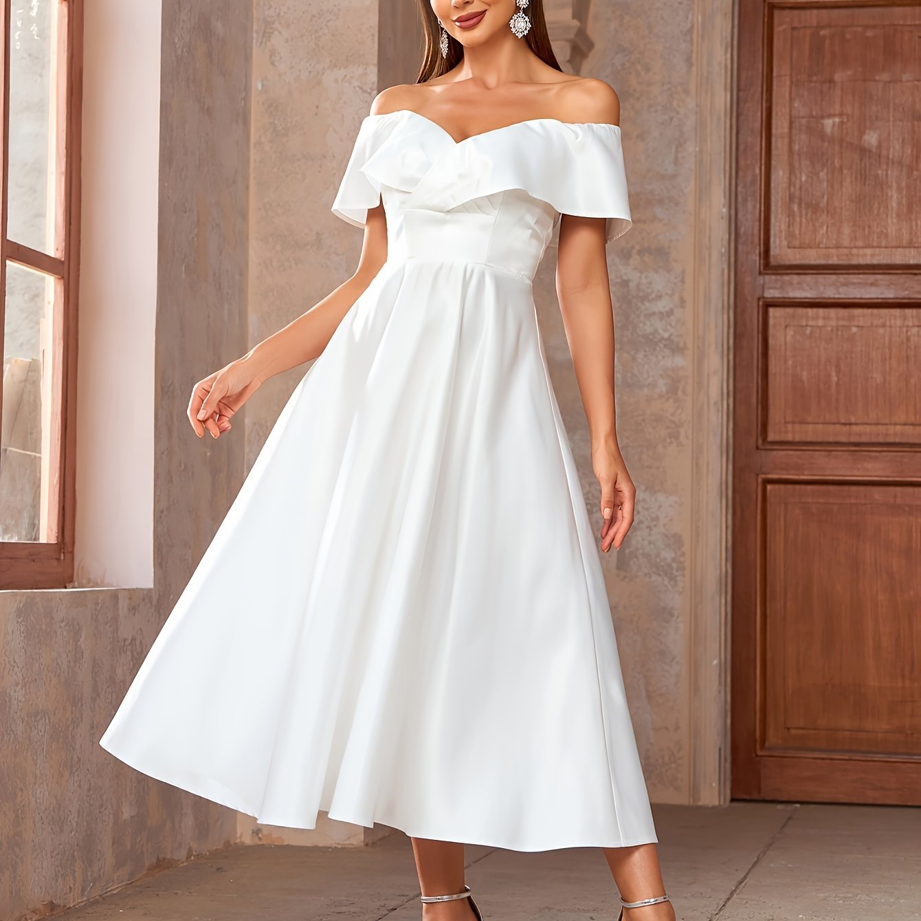 Elegant Off the Shoulder Fit and Flare Dress - Ruffle Trim, Micro Elasticity, Cinched Waist, Solid Color, Woven Polyester Fabric - Hand Wash Only, Perfect for Spring and Summer