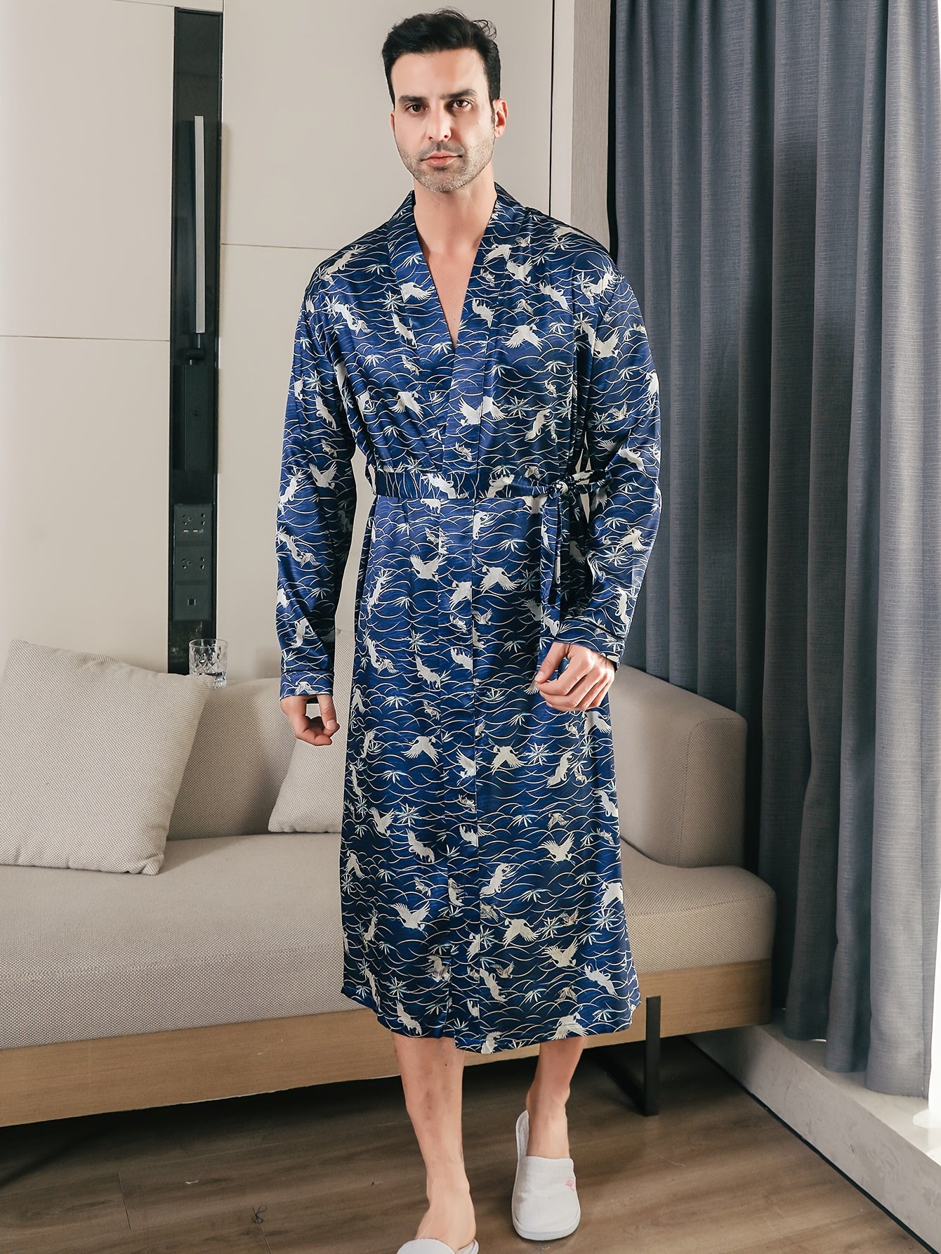 Single Pack Mens Ultra-Soft Silk Robe - Exceptionally Lightweight, Comfortable, and Suitable for Year-Round Wear - Unique Crane Pattern Design, Perfect for Lounge Wear and Relaxation
