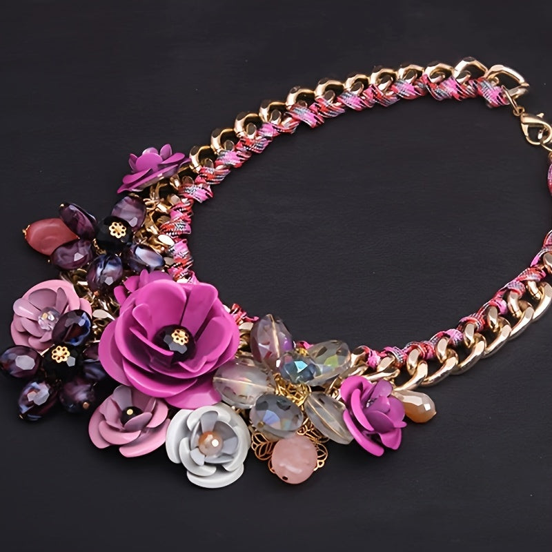 1pc Women's Bohemian Retro Style Colorful Floral Gem Necklace, Rope Braided Collarbone Chain, Trendy Accessory For Ladies Spring And Summer
