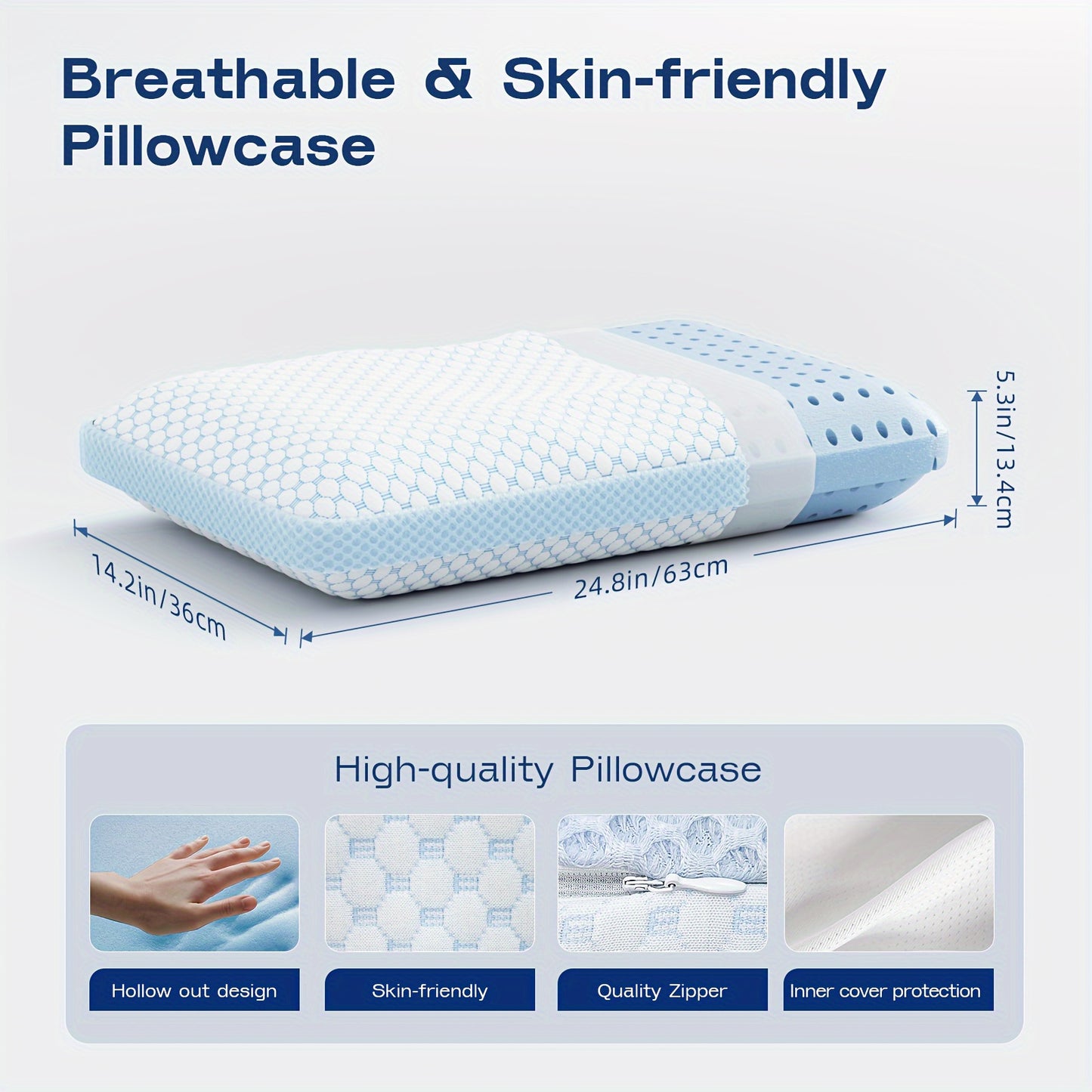 1pc Plush Memory Foam Pillow - Ultimate Cooling Support for Side, Back, Stomach Sleepers with Breathable, Hypoallergenic Dual-Sided Washable Cover, Zipper Closure, and Classic Style for Multi-Position Sleepers (White & Blue)