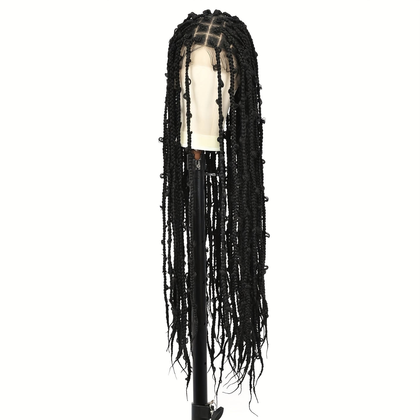 44 150% Density Full Lace Bohemian Braided Wig with Triangle Knotless Box Braids, Boho Curls, and Natural Black Color for African Women