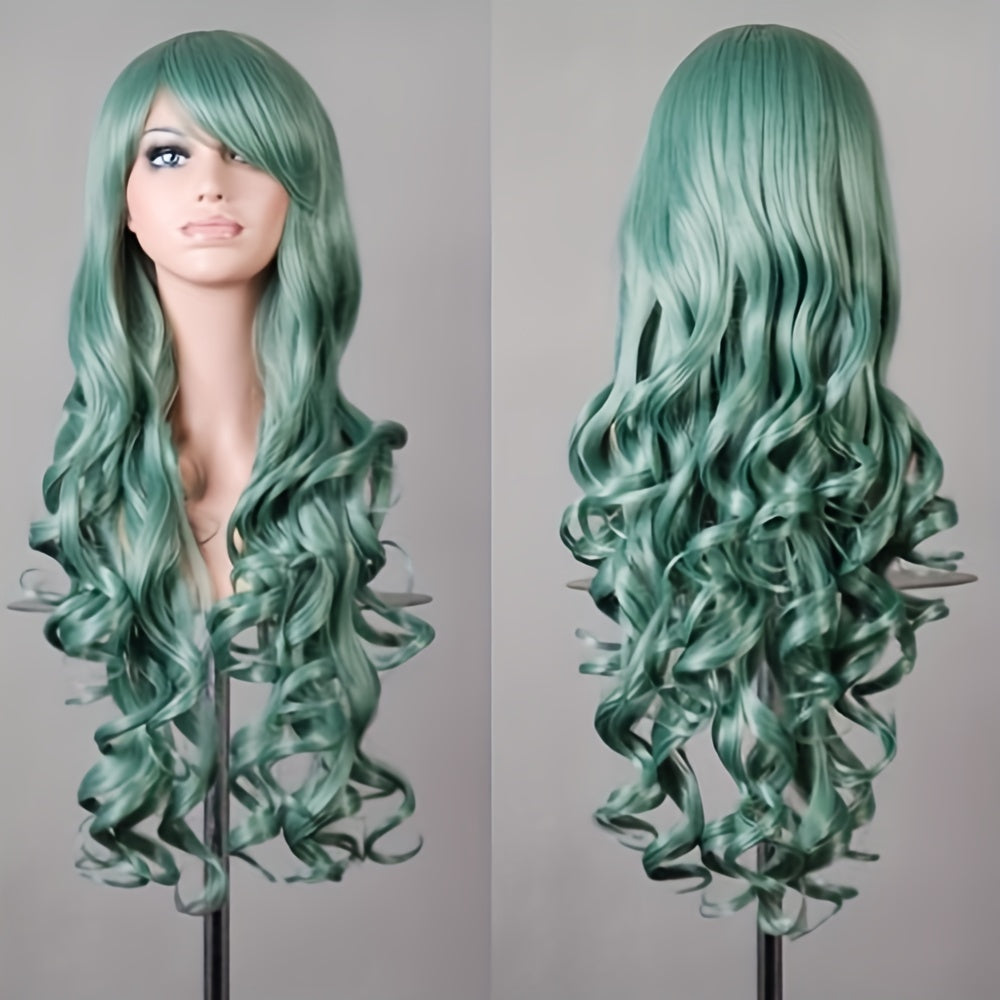 Vibrant Curly Wave Wig with Bangs - Synthetic Hair, Buckle Net Cap, Elegant Style for Women - Perfect for Halloween Party, Music Festival, and Costume Occasions