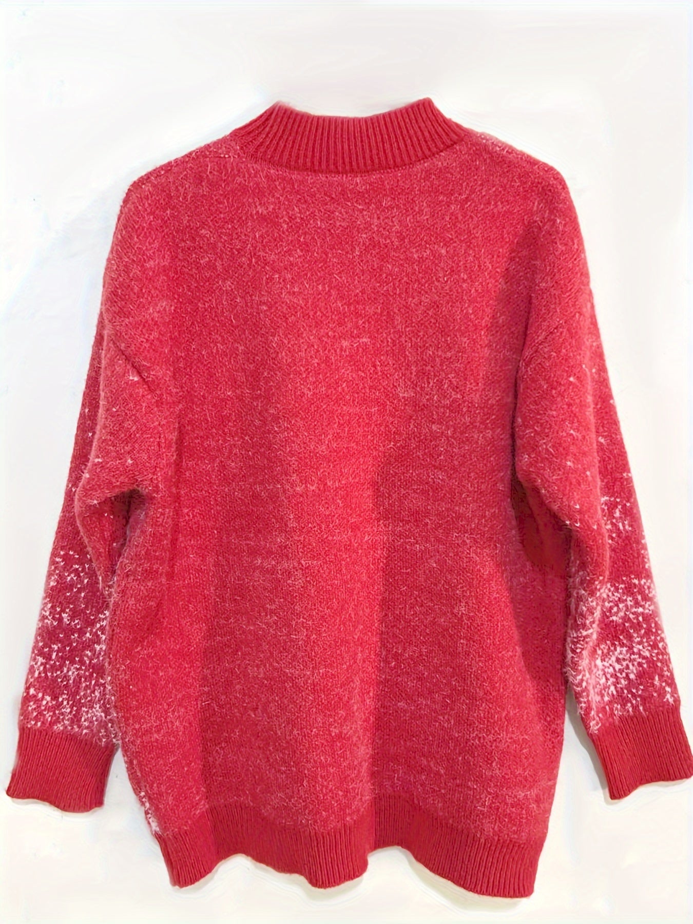 Women'S Festive Christmas Sweater, Long Sleeve, Elegant Style, Polyester, Round Neck, No Belt, Loose Fit, Pullover, Christmas Pattern, Floral Print, Mid-Stretch Fabric, Knee-Length, Leg of Mutton Sleeves, Embellished with Christmas Decor