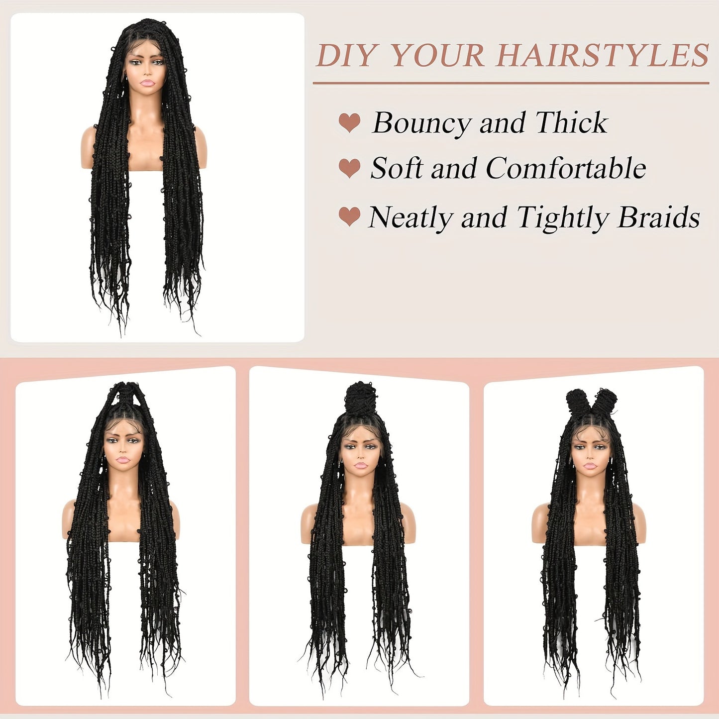 44 150% Density Full Lace Bohemian Braided Wig with Triangle Knotless Box Braids, Boho Curls, and Natural Black Color for African Women
