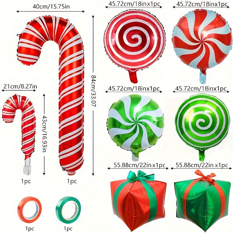 10pcs Large Christmas Candy Cane Foil Balloons with Ribbons - Red & Green, Perfect for Holiday & Birthday Party Decorations