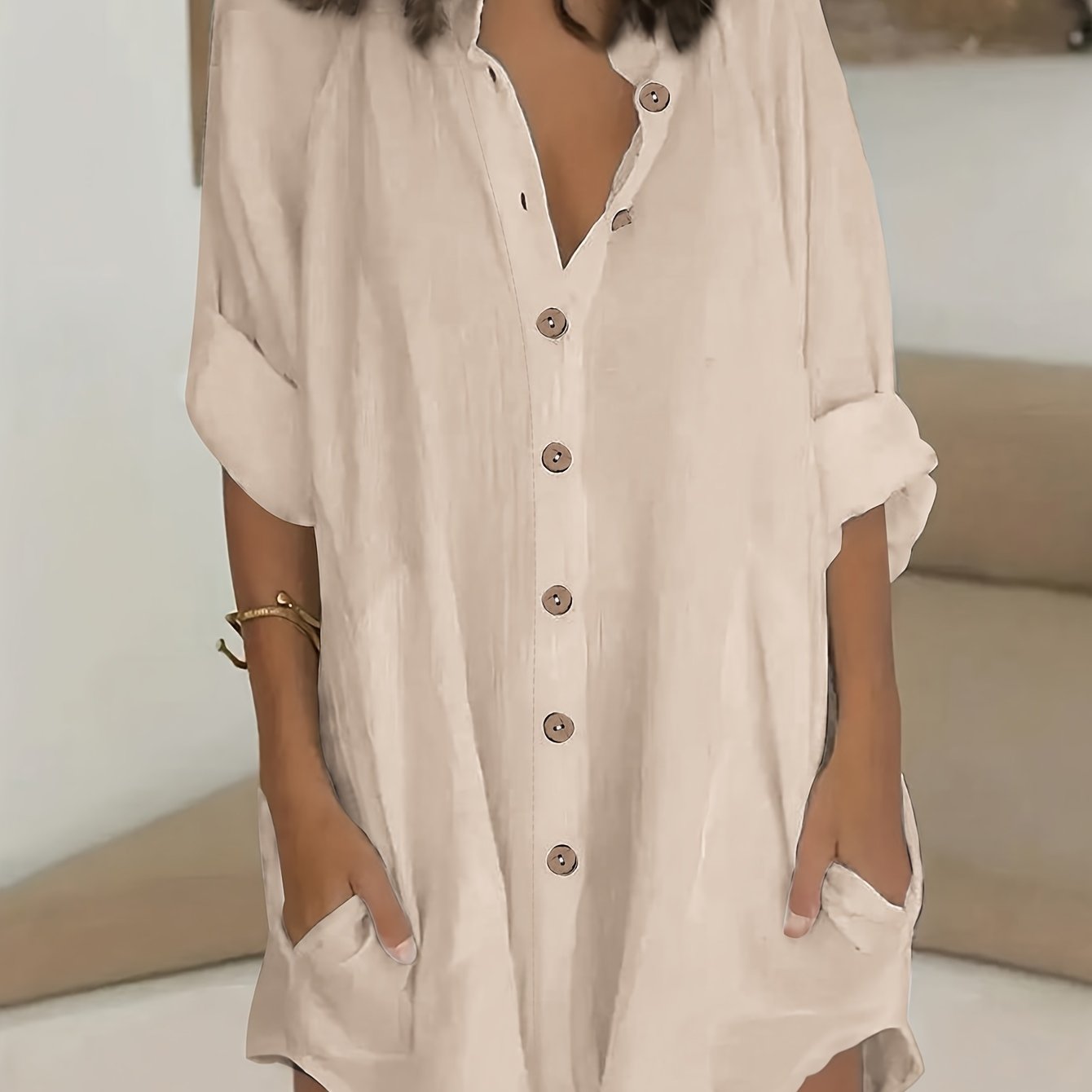 ZllKl Plus Size Simple Solid Shirt, Casual Button Front Long Sleeve Shirt, Women's Plus Size Clothing