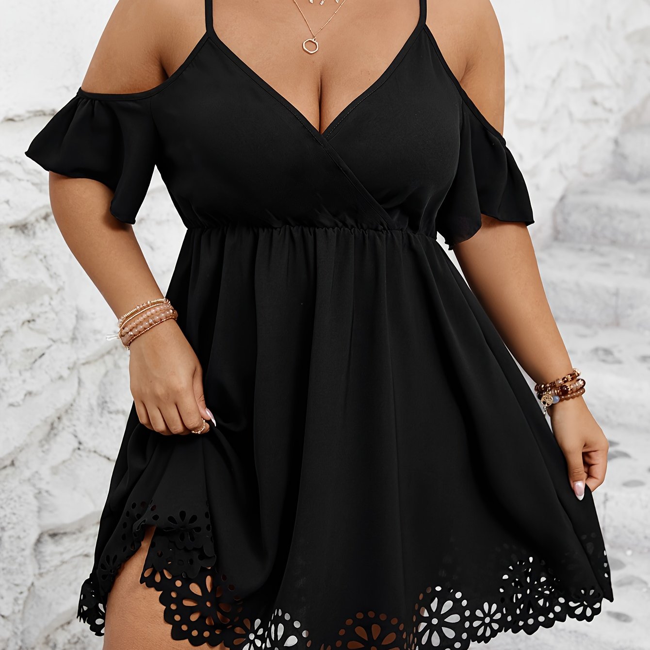 Plus Size Cutout Dress - Dramatic Cutout Trim, Cold Shoulder, Short Sleeve, Elegant Style - Perfect for Spring and Summer, Plus Size Womens Clothing