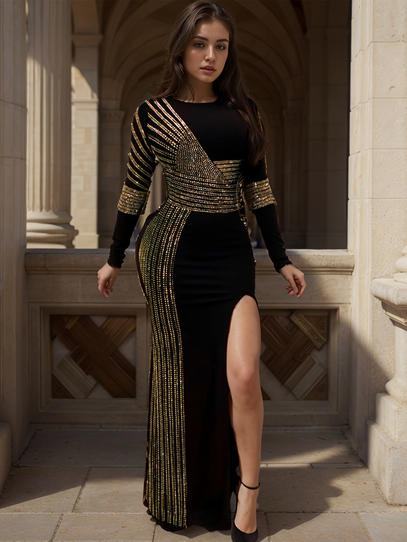 Long Sleeve Rhinestone Bodycon Maxi Dress - Sexy High Elasticity Polyester Party Club Wear with Crew Neck and Split Thigh - Hand Wash Only, All-Season Elegant Clothing for Women