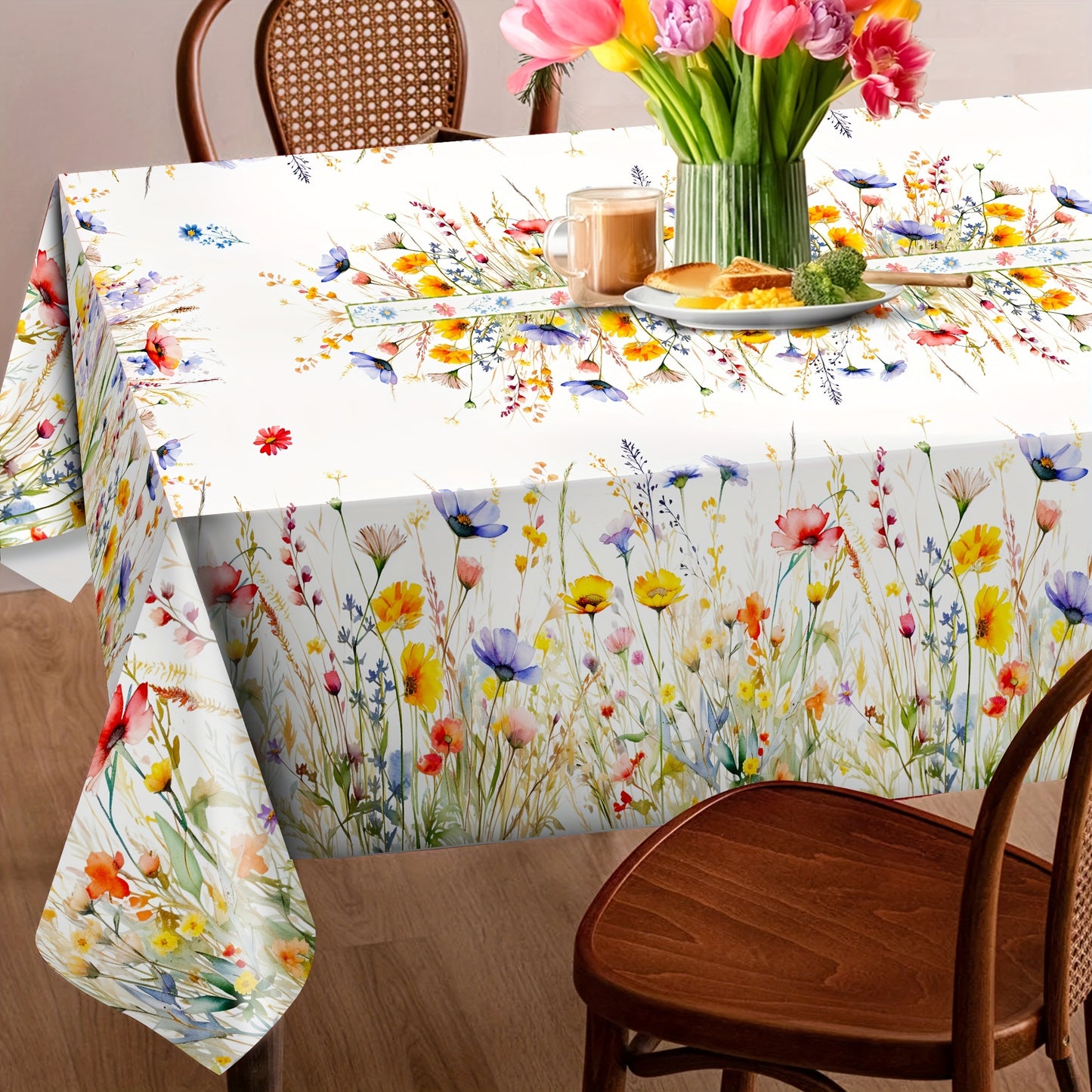 1pc Charming Watercolor Floral Tablecloth - Fresh Pastoral Wheat Motif - Seasonal Rectangle Table Cover for Spring Picnics & Holiday Celebrations, Elegant Home Decor
