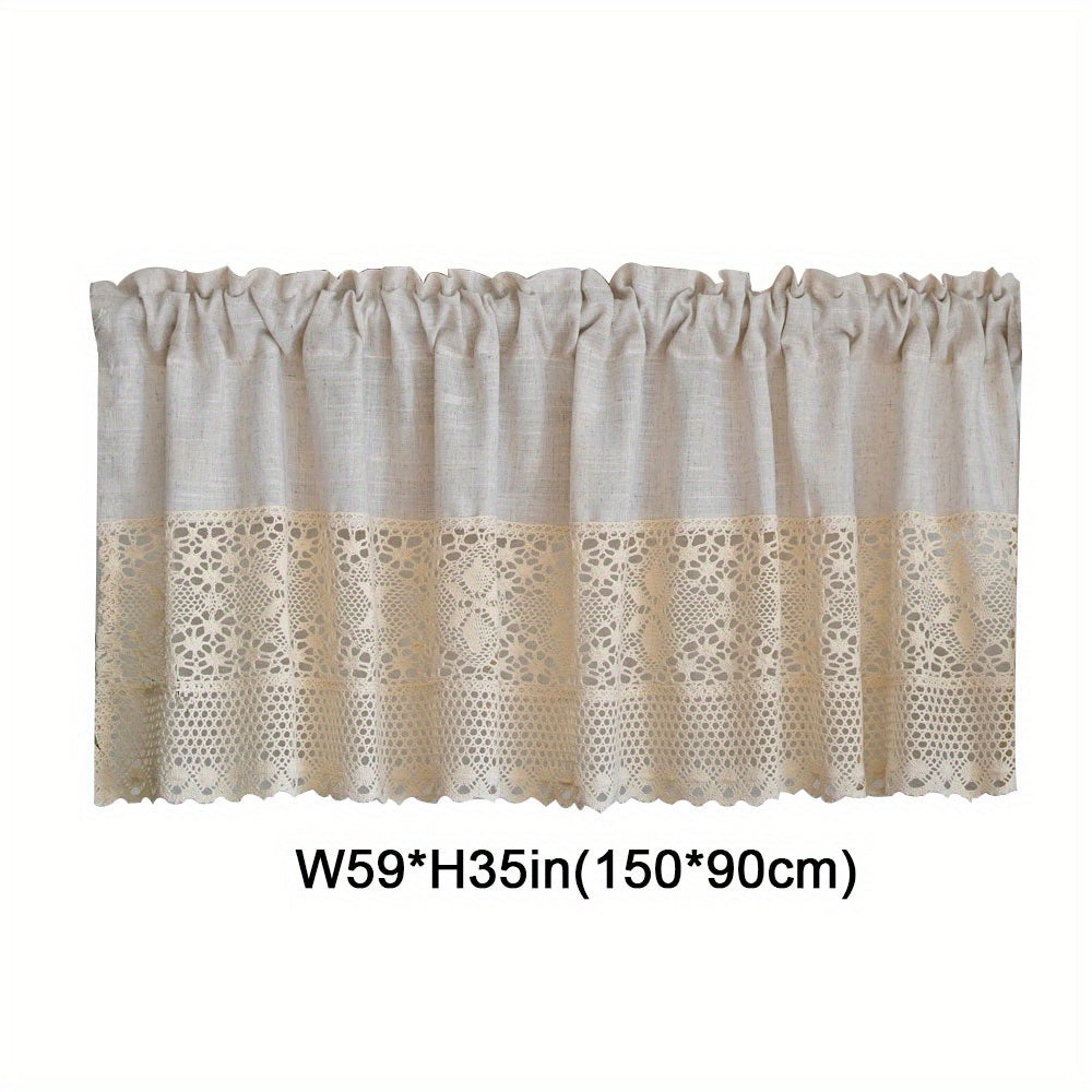 1pc Vintage Half Curtain - Crochet Hollow Short Curtain with Cotton Linen Splicing, Rod Pocket Top, Perfect for Small Window, Restaurant, Kitchen, Cafe, Living Room, Office, and Home Decor