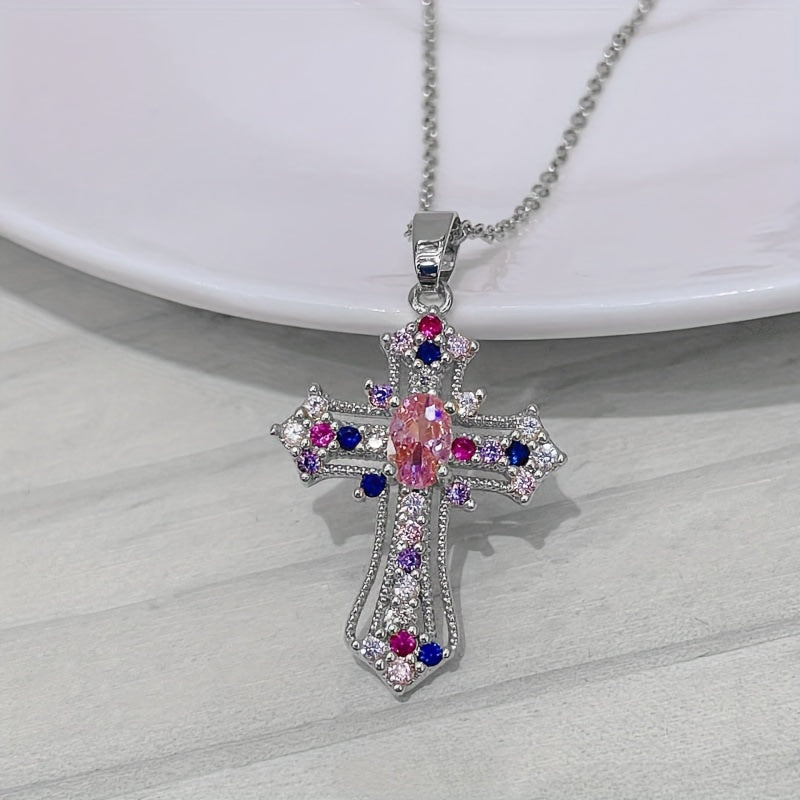 1pc Cute Sparkling Rhinestone Decor Cross Hollow Pendant Necklace, Religious Jewelry For Blessing, Ideal choice for Easter Gift