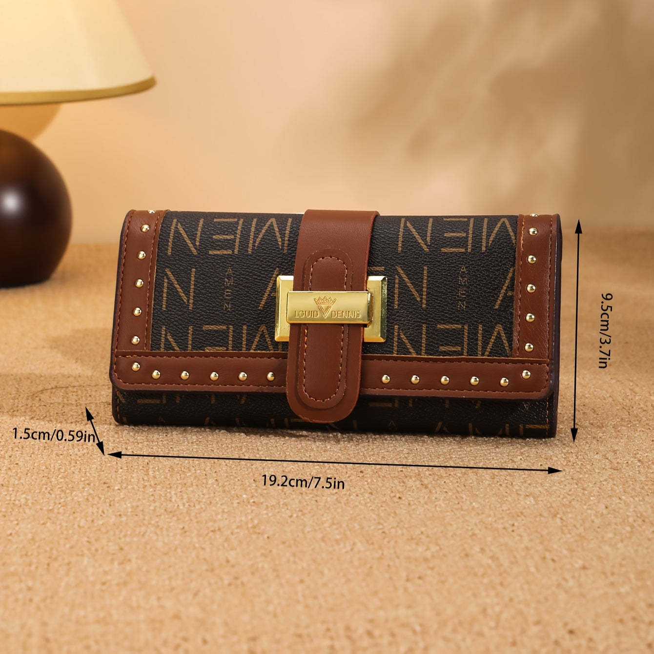 Trendy Classic Long Clutch Wallet, Vintage Print Colorblock Rivets Decor Trifold Coin Purse For Women