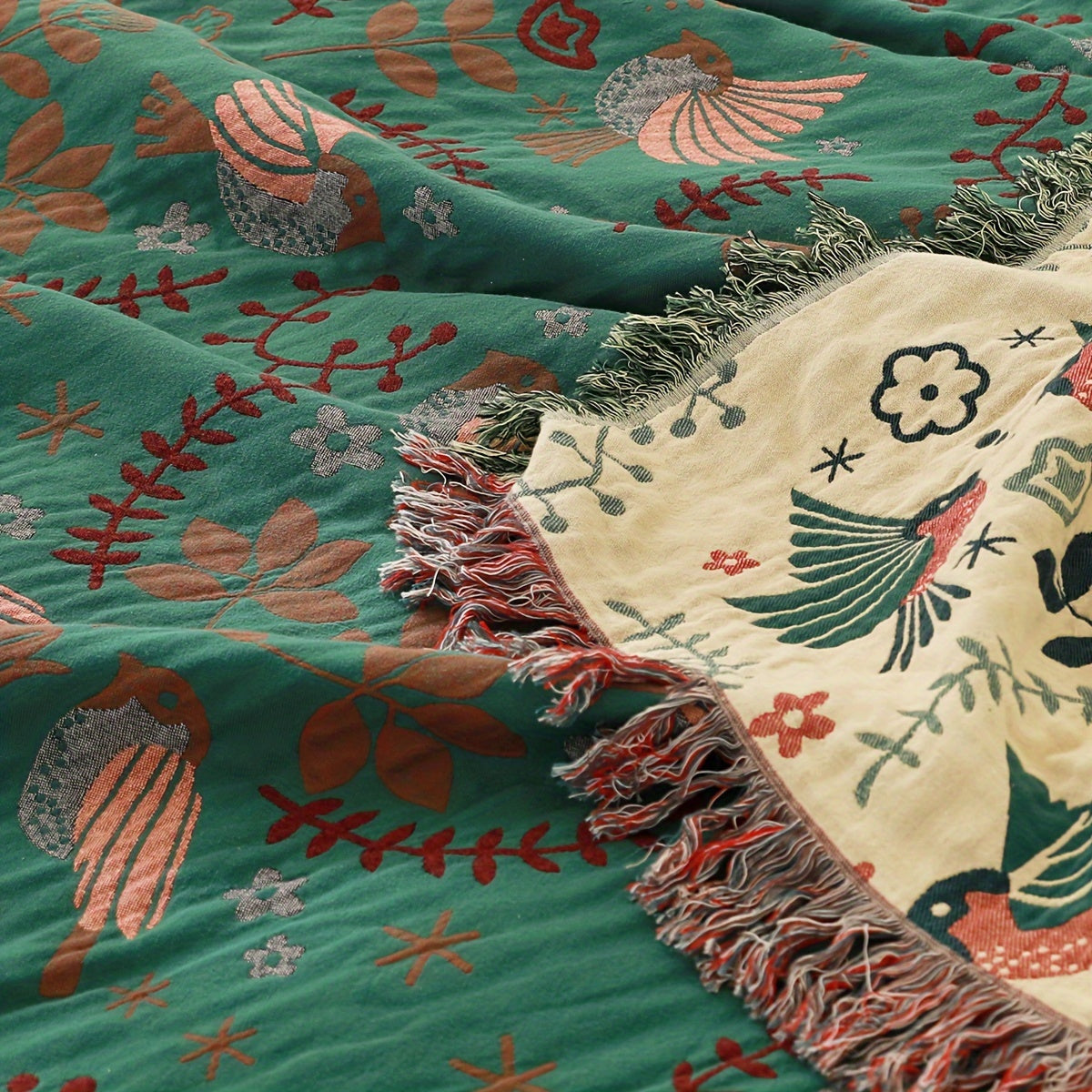 1pc Vibrant Bohemian Chic Cotton Gauze Throw Blanket - Soft, Lightweight, Spring-Inspired Bird and Leaf Pattern, Multi-Purpose Sofa Cover, Bedspread, Farmhouse Decor Couch Throw Blanket with Seasonal Accent