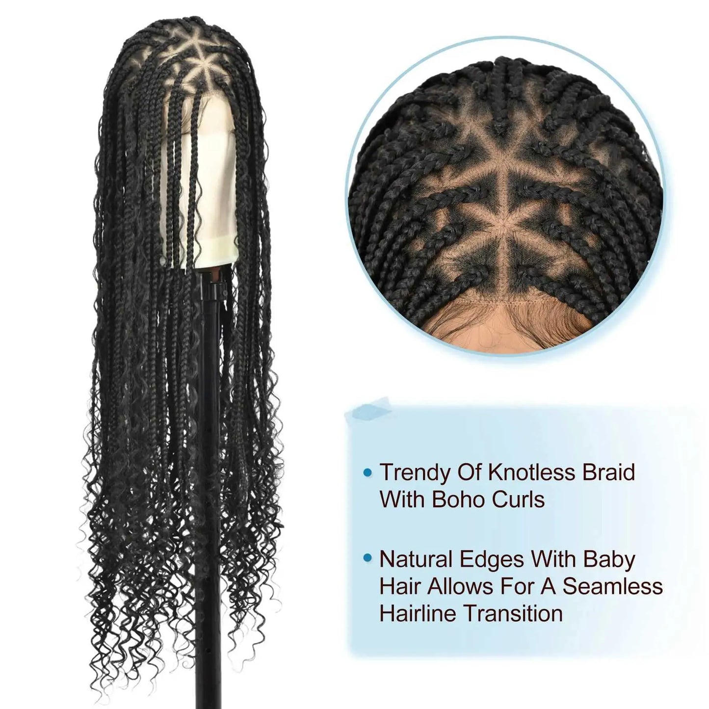 Synthetic Wigs Viyskur 36 Full Double Lace Front Triangle Knotless Box Braided Wigs With Boho Curls Ends Box Braids Wig With Baby Hair 240329