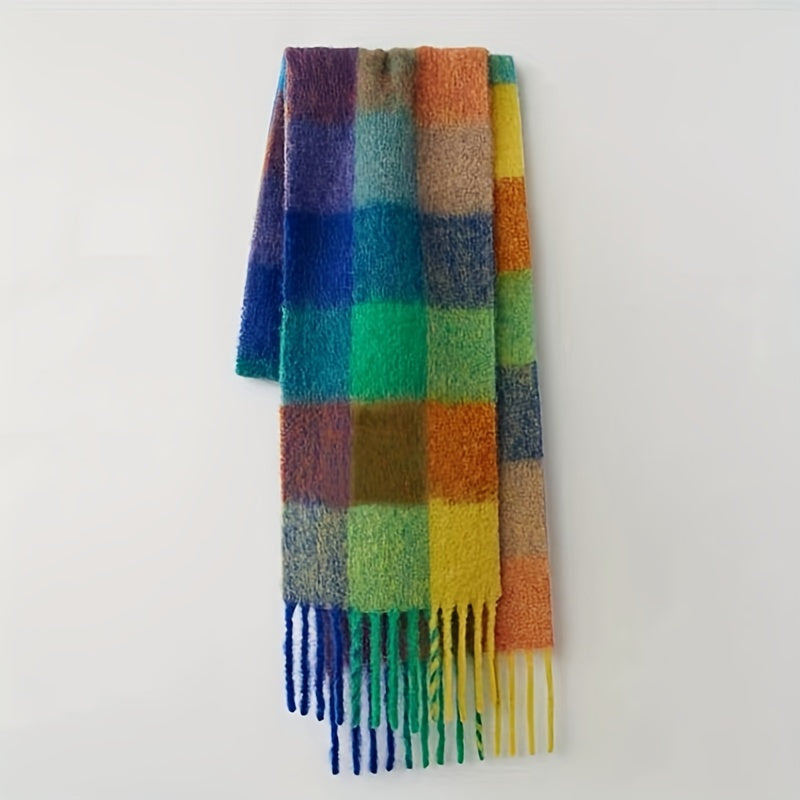Autumn Winter Rainbow Color Boho Plaid Tassel Chunky Scarf - Soft Imitation Mohair, Eye-Catching Tassel Details, Thick and Plush Design, Long Stylish Neckerchief - Vibrant Shawl for Cold Weather