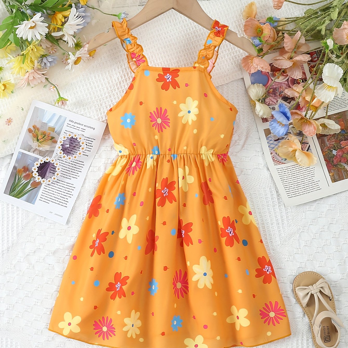 Chic Summer Floral Girls' Dress - Comfortable, Woven Fabric with Ruffle Detail & Playful Suspender Straps