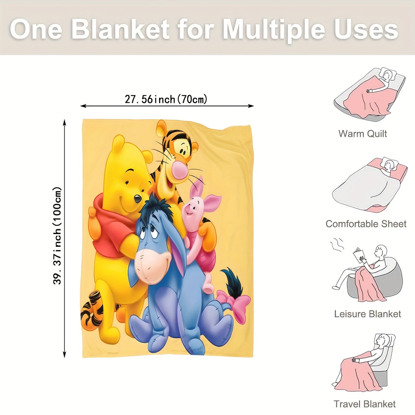 UME Cozy Flannel Throw Blanket - Winnie the Pooh, Tigger & Piggy Cartoon Design | Versatile All-Season Use for Couch, Bed, Office | Dry Clean Only