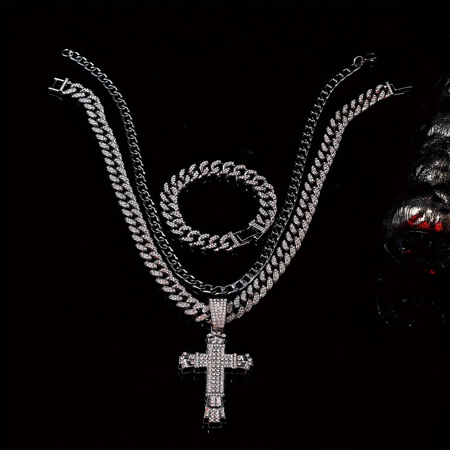 Multilayered Chain Bracelet & Pendant Necklace Set - Rhinestone Embellished, Zinc Alloy Made, Street Style Unisex Jewelry Gift for Women Men - Perfect for Everyday Wear