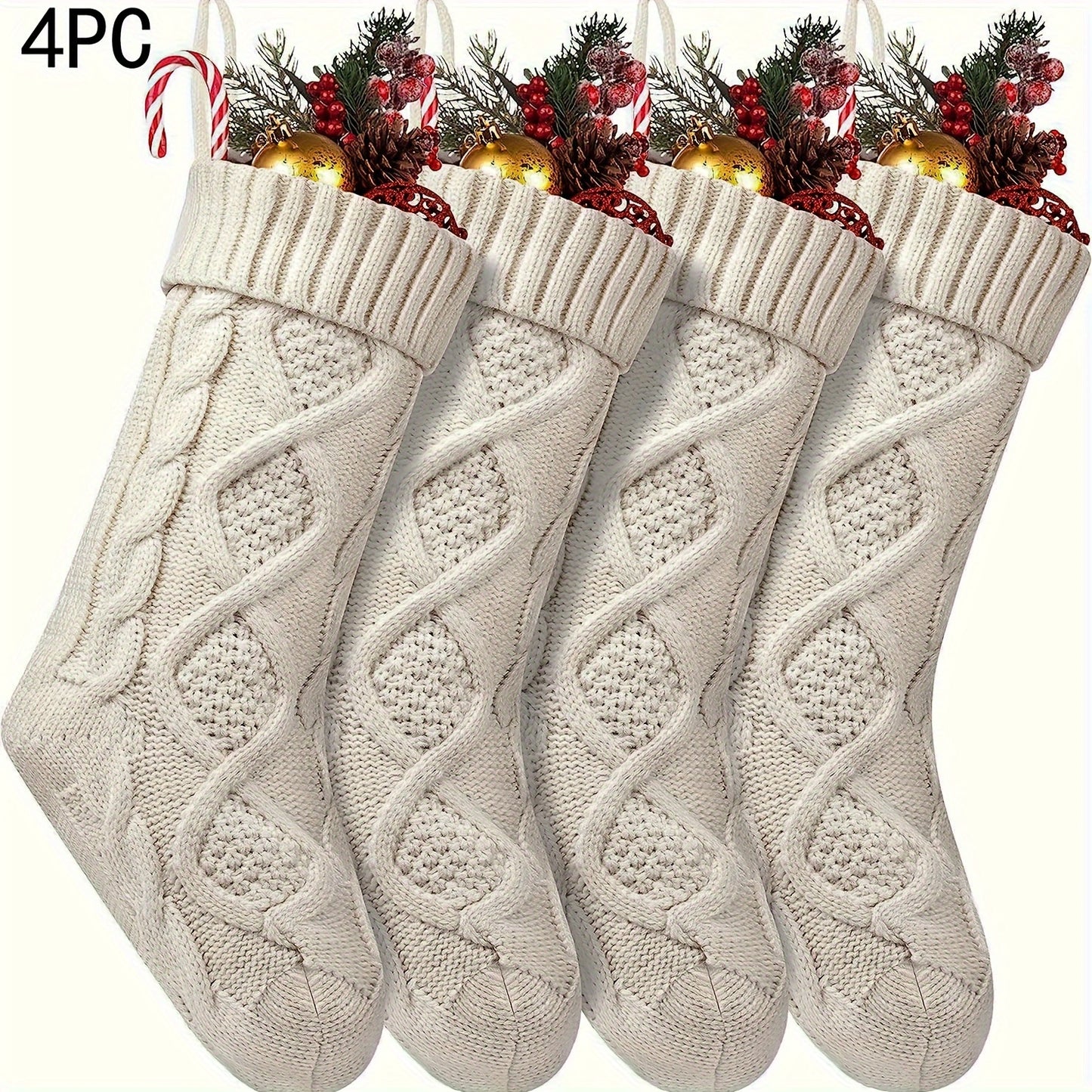 4pcs Extra-Large Soft Knitted Christmas Stockings - Vibrant Decorations in Ivory, Burgundy, Gray, and Green - Perfect for Fireplaces, Christmas Trees, Families, Holiday Parties, and Decorations