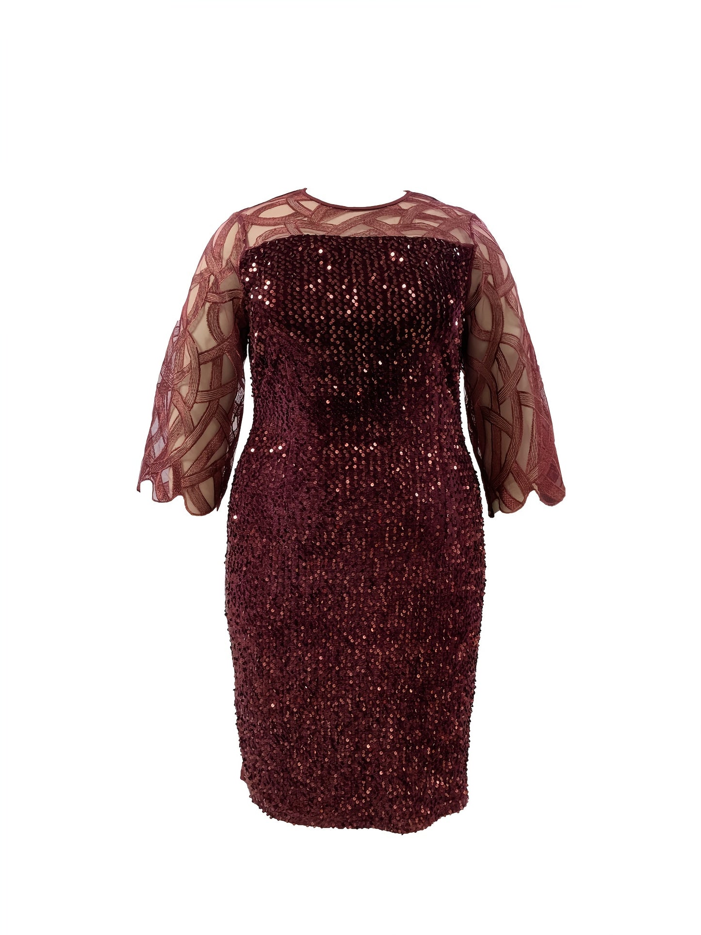 Plus Size Midi Fitted Bodycon Dress - Elegant Crew Neck, Three Quarter Sleeve, Slight Stretch, Contrast Sequin Stitching, Solid Color, Polyester, Hand Wash, Spring/Summer, Mature Occasion