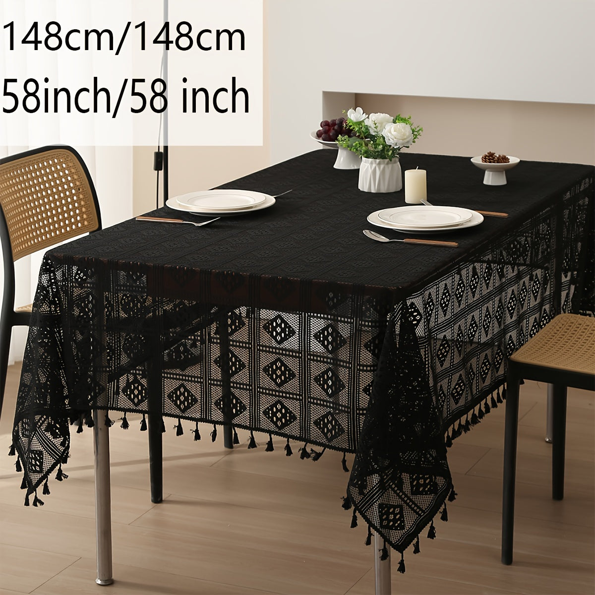 1pc Beige Linen Cotton Blend Crochet Tablecloth with Tassel - Tablecloths - Rustic American Pastoral Style Decor for Picnic, Holiday Party, and Home - Easy Care and Durable
