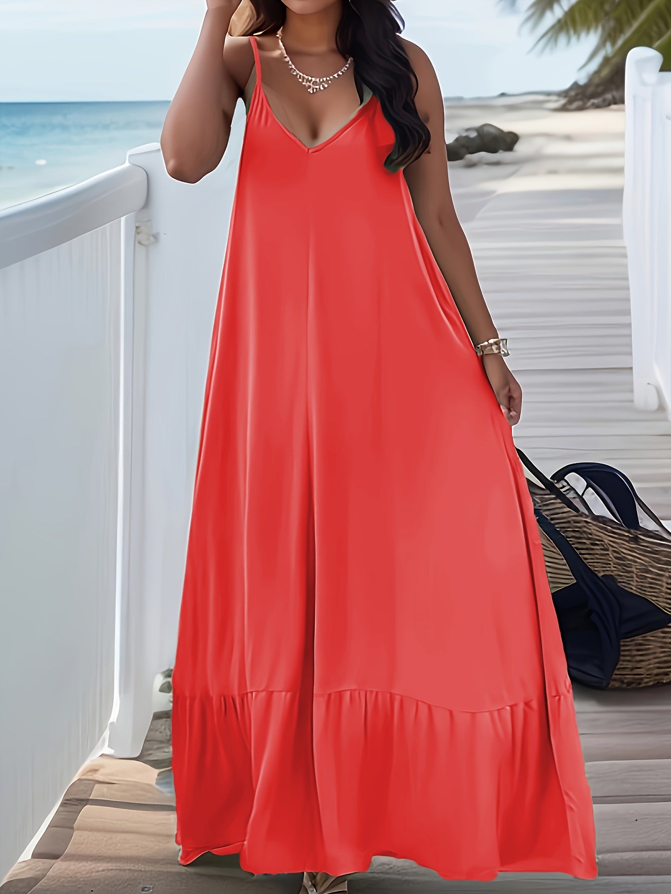 Plus Size Peplum Cami Maxi Dress - V Neck, Backless, Slight Stretch, Polyester, Machine Washable, Solid Color, Vacation Style, Knit Fabric - Perfect for Summer