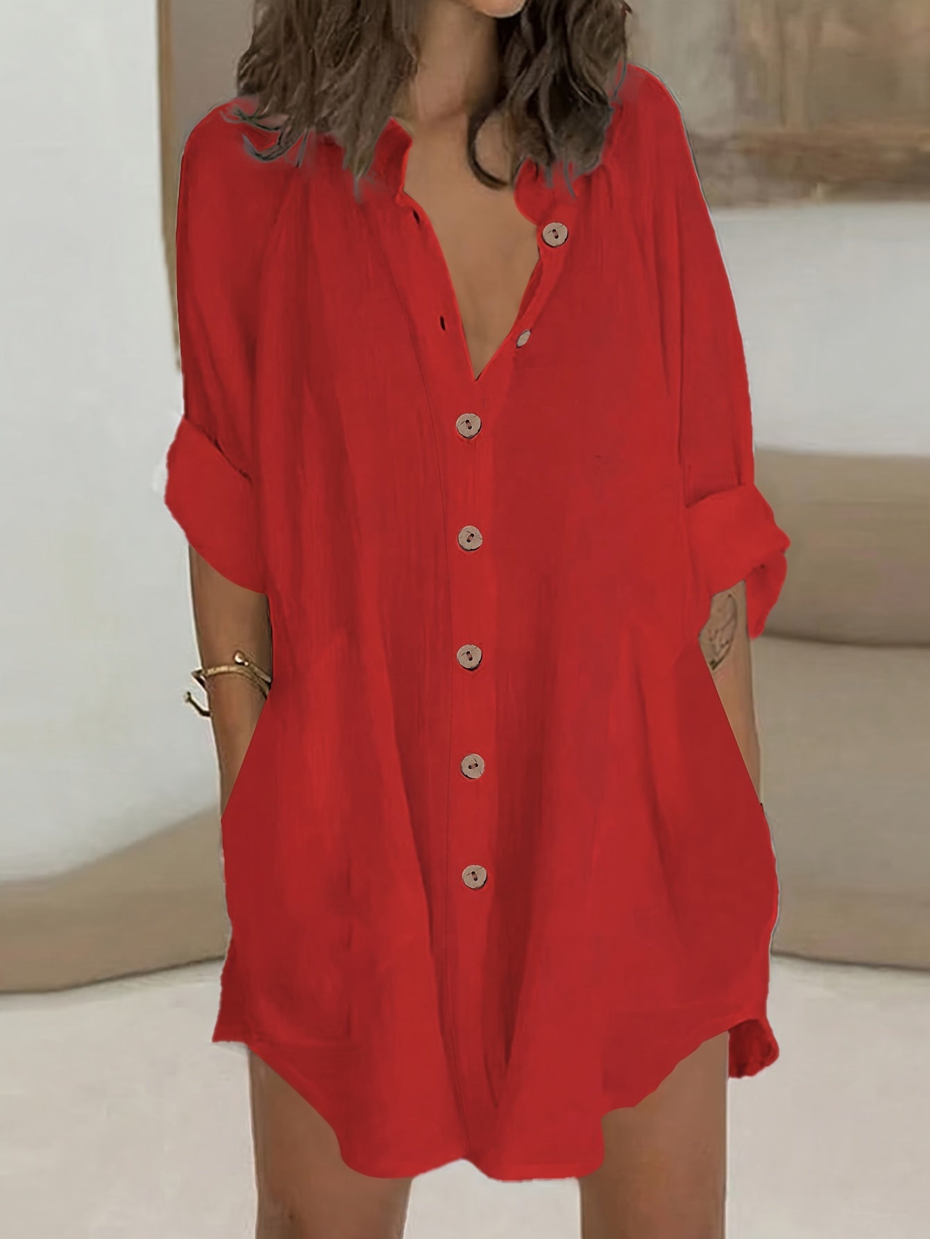 ZllKl Plus Size Simple Solid Shirt, Casual Button Front Long Sleeve Shirt, Women's Plus Size Clothing