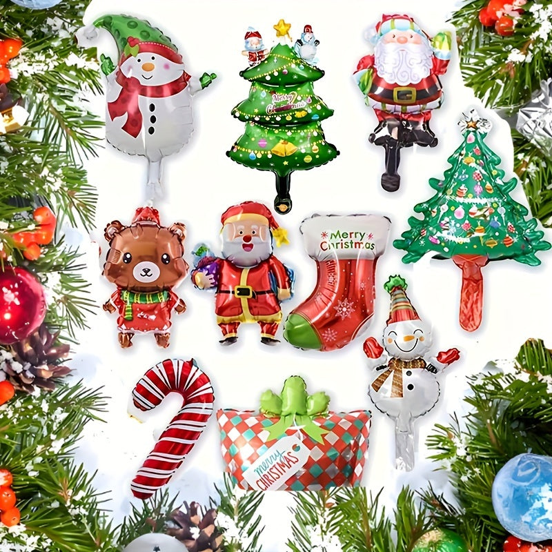 10pcs Mini Christmas Cartoon Cute Balloons, Assorted Colors, Aluminum Foil Balloon Decorations for Party & Gathering, Festive Holiday Decoration Props, No Power Needed, Christmas Party Supplies