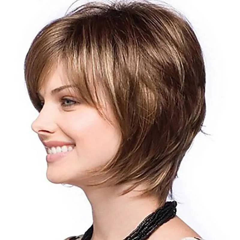 Synthetic Wigs Cosplay Wigs HAIRJOY Women Straight Bangs Style Pixie Cut Synthetic Hair Wig Brown Mixed Short Wigs Machine Made 240329