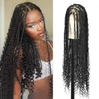 Synthetic Wigs Viyskur 36 Full Double Lace Front Triangle Knotless Box Braided Wigs With Boho Curls Ends Box Braids Wig With Baby Hair 240329