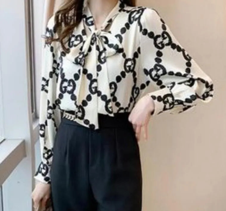 Designer Printed Black Shirts Women Runway Button Shirt Office Ladies Ribbon Bow Blouses Slim Fit Stylish Luxury Tops