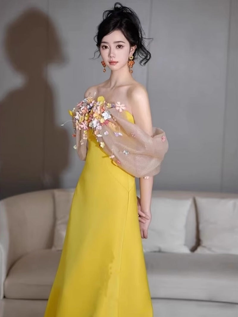 Yellow morning robe female bride morning shot shoulder evening dress student day adult ceremony super fairy temperament host art exam skirt