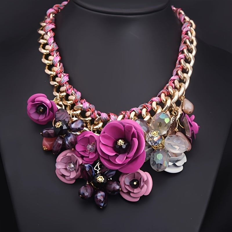 1pc Women's Bohemian Retro Style Colorful Floral Gem Necklace, Rope Braided Collarbone Chain, Trendy Accessory For Ladies Spring And Summer