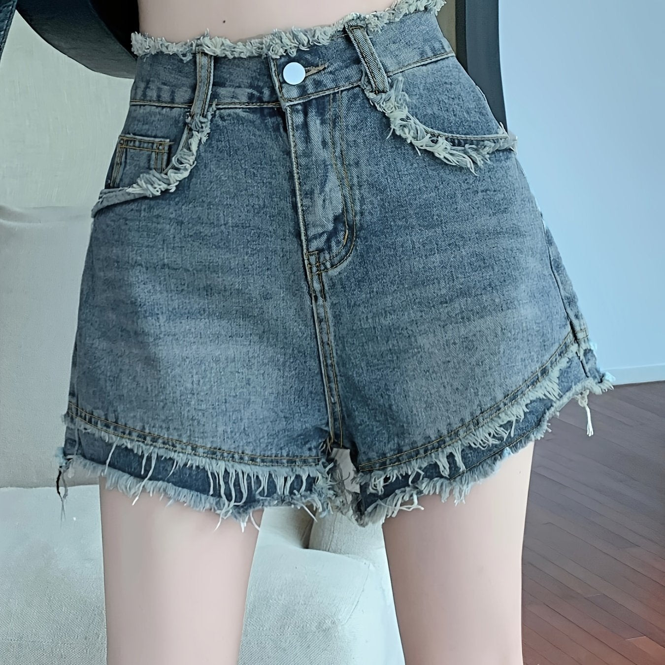 ZllKl Women's Vintage-Inspired Frayed Hem Denim Shorts, Summer Collection, Flattering High-Waist, Trendy Distressed Look For Chic Style.